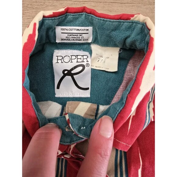 VTG ROPER 7/8 Women Aztec WESTERN Print Cotton Red/Beige Fancy Flap Shirt Blouse - Picture 3 of 5